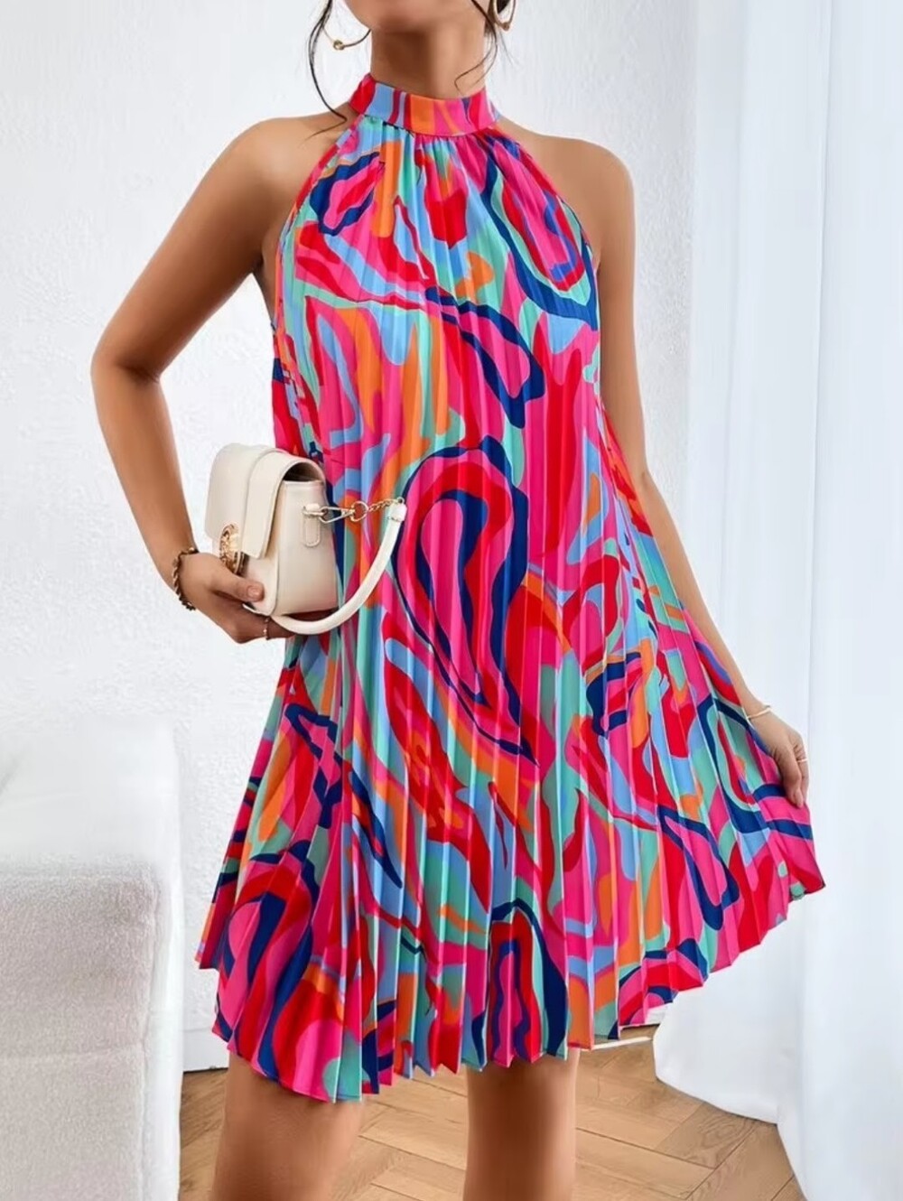 Pleated Halter Dress in Multicolor Size L/XL